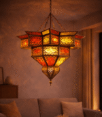 Moroccan handmade mosaic glass pendant lamp with bold red and yellow tiles dramatic Marrakech geometric pattern