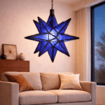 Blue Moroccan star glass hanging lamp with sapphire mosaic panels and geometric iron star frame, handmade in Morocco