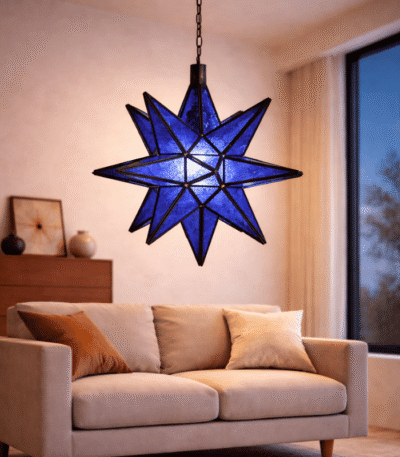Blue Moroccan star glass hanging lamp with sapphire mosaic panels and geometric iron star frame, handmade in Morocco