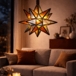 Multicolor Moroccan star glass hanging lamp with rainbow mosaic panels in red, blue, green and amber, geometric iron star frame, handmade in Morocco