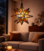 Multicolor Moroccan star glass hanging lamp with rainbow mosaic panels in red, blue, green and amber, geometric iron star frame, handmade in Morocco