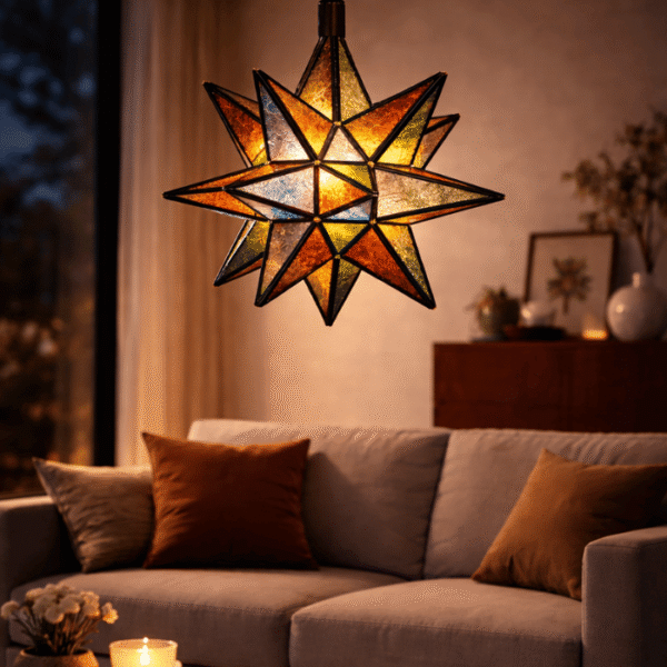Multicolor Moroccan star glass hanging lamp with rainbow mosaic panels in red, blue, green and amber, geometric iron star frame, handmade in Morocco