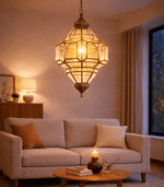 Moroccan vintage brass glass hanging lamp with aged patina brass frame and amber tinted glass