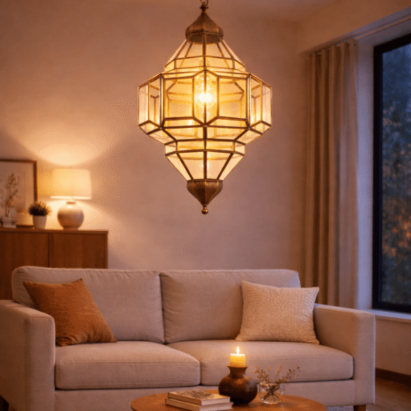Moroccan vintage brass glass hanging lamp with aged patina brass frame and amber tinted glass