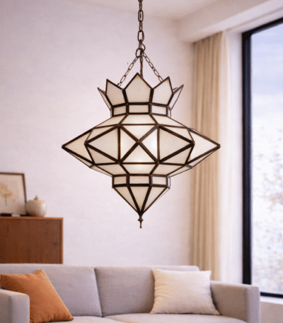 Moroccan white and silver glass hanging lamp with frosted white glass panels and silver iron frame