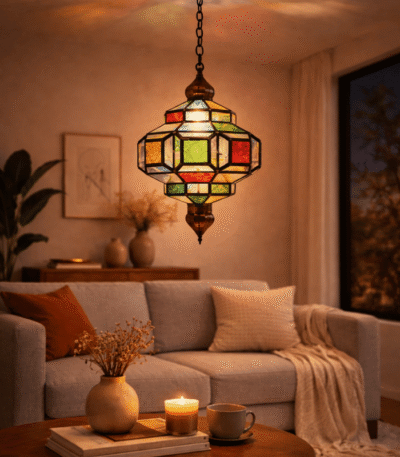 Moroccan filigree glass hanging lamp with intricate hand-cut metal latticework and colored glass inserts