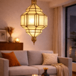 Moroccan milk glass hanging lamp with brass fittings casting warm diffused light