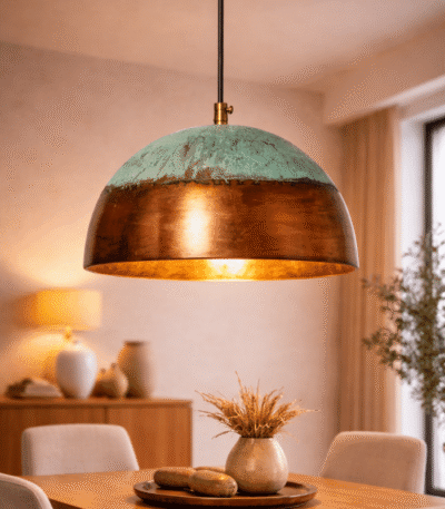Oxidized metal table lamp with antique bronze finish on a wooden side table