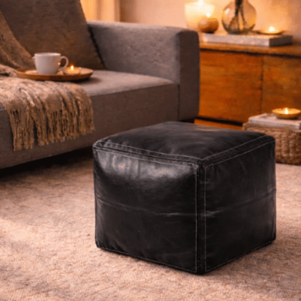 Black Square Moroccan Leather Ottoman Pouf With White Hand-Embroidered Geometric Pattern, Handcrafted In Fès Morocco Using Natural Oak Gall Dye