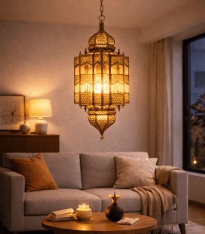 Traditional Moroccan pendant lamp hanging from ceiling