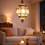 Vintage-style Moroccan glass lantern with brass detail