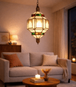 Vintage-style Moroccan glass lantern with brass detail
