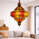 Handmade Moroccan hanging lamp with yellow and red glass