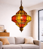 Handmade Moroccan hanging lamp with yellow and red glass