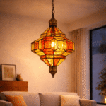 Handmade Moroccan hanging lamp with yellow and red glass