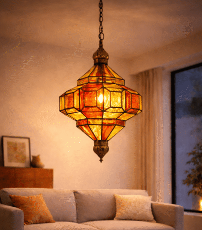 Handmade Moroccan hanging lamp with yellow and red glass