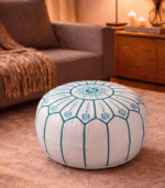 handcrafted white leather Moroccan ottoman pouf