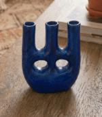 Handmade Maison Asli Thalatha blue ceramic vase with three sculptural openings and glazed finish