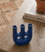 Maison Asli Thalatha handcrafted ceramic vase with three sculptural openings and deep blue glaze.