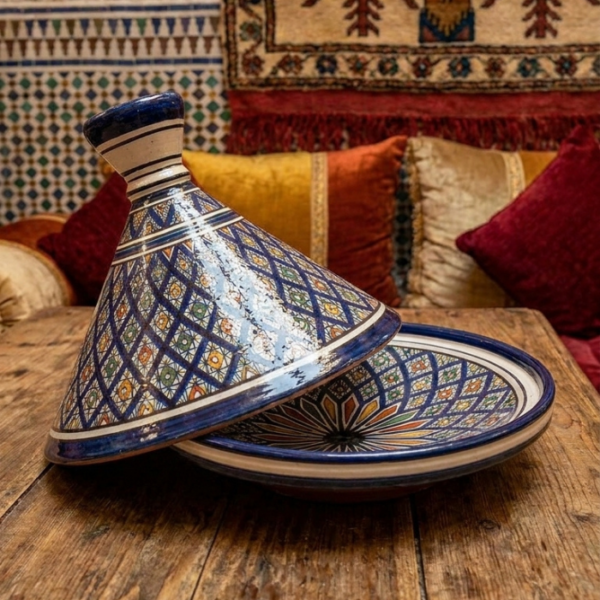Handmade Moroccan ceramic tagine pot for serving meals and decorative home display
