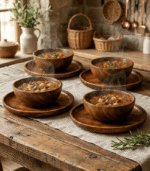 8-Piece Handcrafted Wood Dining Set – Moroccan Wooden Bowls & Plates - Image 2