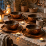 Handcrafted wooden dining set with bowls and plates arranged on elegant dining table
