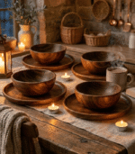 Handcrafted wooden dining set with bowls and plates arranged on elegant dining table