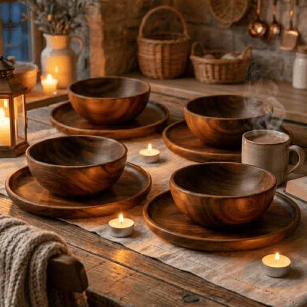 Handcrafted wooden dining set with bowls and plates arranged on elegant dining table