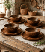8-Piece Handcrafted Wood Dining Set – Moroccan Wooden Bowls & Plates - Image 4