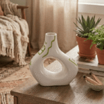 Handcrafted Cream Ceramic Vase with Sculptural Cut-Out and Sage Green Accents