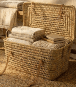 Handmade Palm Leaf Wicker Storage Trunk with Leather - Image 5