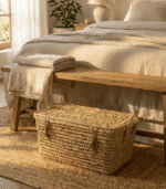 Handmade Palm Leaf Wicker Storage Trunk with Leather - Image 4