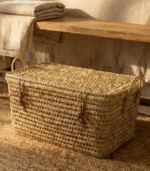 Handmade Palm Leaf Wicker Storage Trunk with Leather