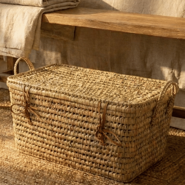 Handmade Palm Leaf Wicker Storage Trunk with Leather