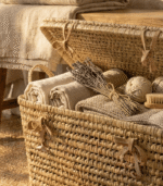 Handmade Palm Leaf Wicker Storage Trunk with Leather - Image 3