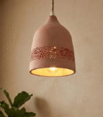 perforated terracotta lamp, terracotta pendant light, fired clay lamp, clay hanging lamp, artisan lighting