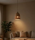 Handmade perforated terracotta hanging lamp crafted from fired clay with decorative cutout holes