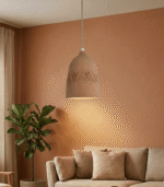 Close-up of handmade terracotta pendant shade showing matte clay surface texture and hand-formed finish