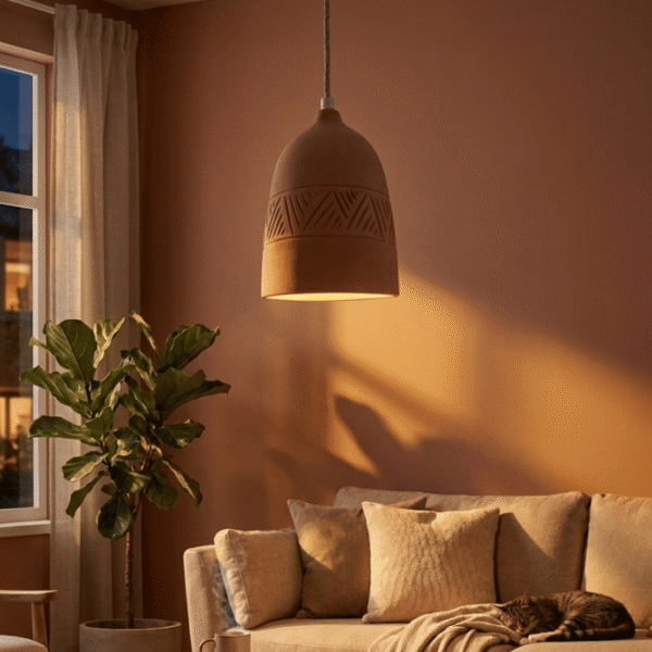 Handmade terracotta pendant light with matte clay dome shade on white ceiling over marble surface