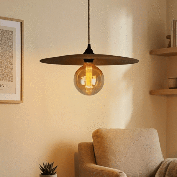 Handmade terracotta saucer pendant lamp crafted from fired clay with a modern disc-shaped design