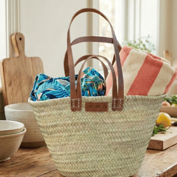 Handwoven French Market Basket With Tan Leather Handles And Leather Patch Handmade In Morocco