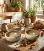 Handmade Harria walnut wood bowls displayed on rustic kitchen table