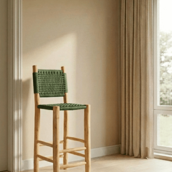 Moroccan Bar Stool – Eucalyptus Wood & Hand-Woven Nylon Handmade in Morocco Kitchen & Dining