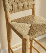Handmade Moroccan bar stool made from laurel wood and woven rope seating