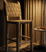 Handmade Moroccan bar stool made from laurel wood and woven rope seating