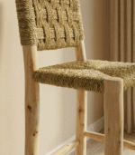 Handmade Moroccan bar stool made from laurel wood and woven rope seating