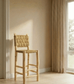 Handmade Moroccan bar stool made from laurel wood and woven rope seating