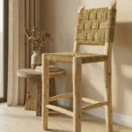 Handmade Moroccan bar stool in laurel wood and woven rope, boho and ethnic chic decor