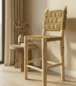 Handmade Moroccan bar stool in laurel wood and woven rope, boho and ethnic chic decor