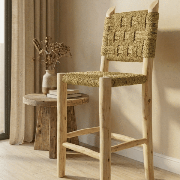 Handmade Moroccan bar stool in laurel wood and woven rope, boho and ethnic chic decor
